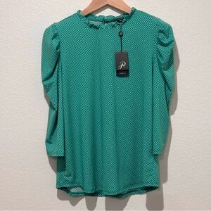 Adrianna Papell Emerald Green Polka Dot Ruffle Neck Blouse Size L